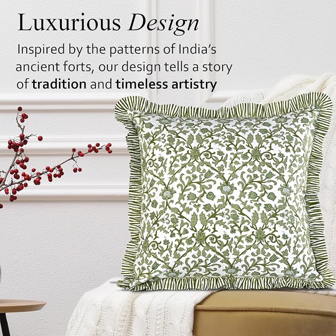 CPC Meadow Vine Hand Block Print 100% Cotton Ruffle Throw Pillow Cover 24x24 inch with Hidden Zipper Decorative for Couch, Bed, Sofa, Farmhouse, Cottagecore Decor Gift Christmas Fall Thanksgiving