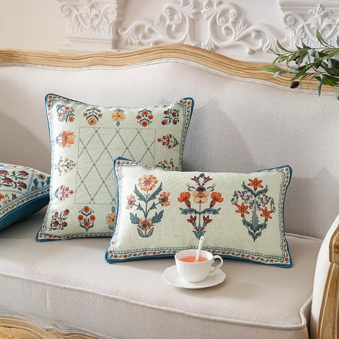 Linen Square Throw Pillow Cover,Set of 2,18"x18"-Floralsea B | Designer French Elegant Pillow Cover,Concealed Zipper Design,Sofa,Bedroom,Living Room,Lounge Chairs,All Season Home Decor