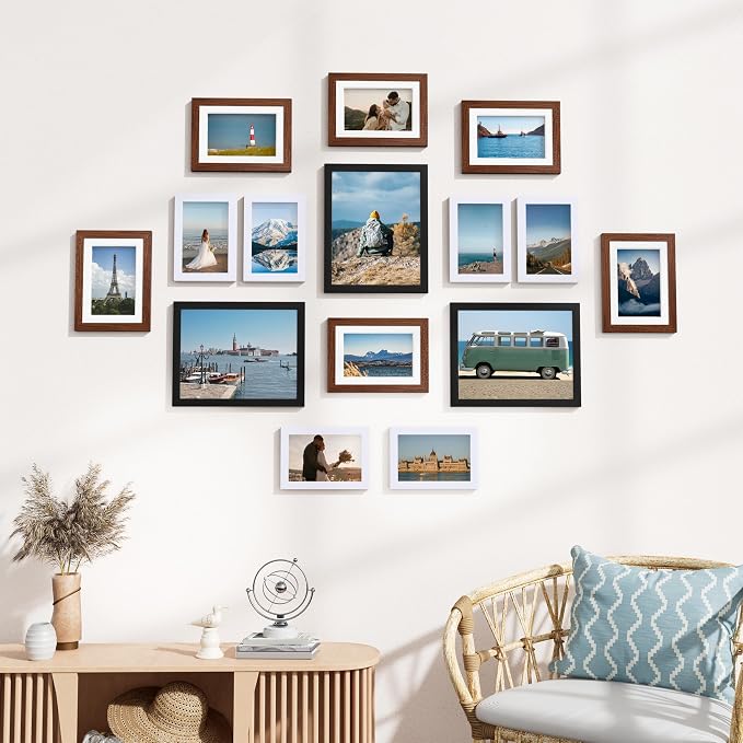 Vittanly 15 Pack Gallery Wall Frame Set, Black, Walnut Brown, White | Picture Frames Collage Wall Decor: 3pcs 8x10, 6pcs 5x7, 6pcs 4x6. Picture Frame Set for Wall or Tabletop Display