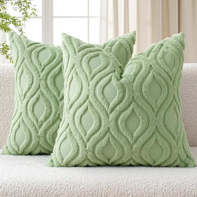 MIULEE Sage Green Soft Plush Faux Wool Throw Pillow Covers 18x18 | Set of 2, Farmhouse Boho Home Decor, Decorative Cushion Covers for Sofa, Living Room, Bed