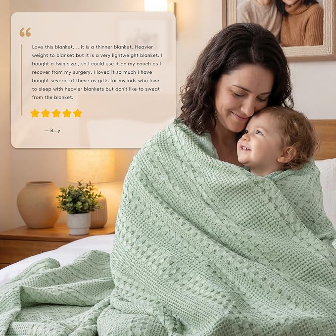 PHF 100% Cotton Waffle Blanket Twin Size, Lightweight Breathable Summer Blanket for Hot Sleepers, Pre-Washed Soft Layer for Bed, Dorm, Couch & Guest Room, Home Decor Gift, 66"x90", Mint Green