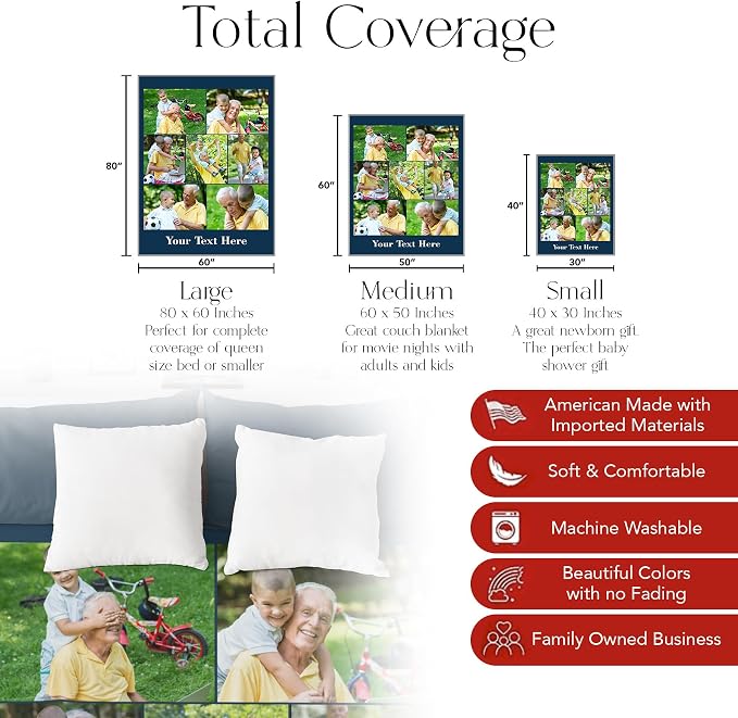 Personalized Photo & Text Blanket, Custom Picture Fleece Throw (7-Pic) | Printed in USA, ships next day, add 1-9 photos & custom text, fleece or sherpa, family keepsake gift, cozy home decor