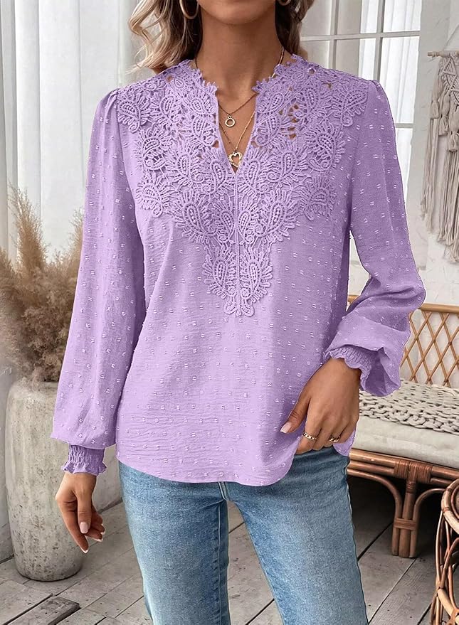 Womens Tops Swiss Dot Boho Long Sleeve Shirts V Neck Casual Chiffon Blouses Flowy Lace Hem Cute Clothing Trendy 2026
