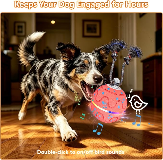 Interactive Dog Ball Toy with 2 Rope, Automatic Rolling & Bouncing Smart Dog Toy with Bird Chirping Sound and LED Light, Soft ETPU Chew-Safe Material, USB Rechargeable, for Medium & Large Dogs