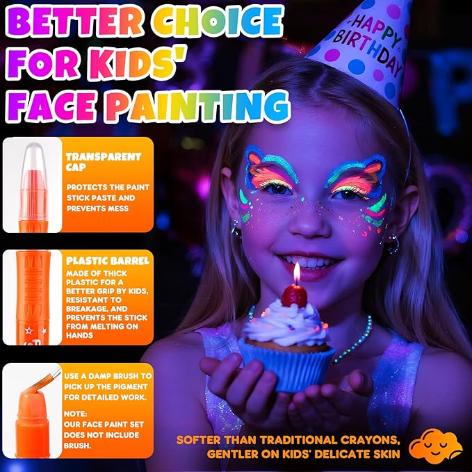 nsxsu Glow in the Dark Face Paint Sticks for Kids 8 Colors, Neon Body Paint Crayons Fluorescent under Black Light, Washable UV Paint Pens for Skin for Birthday Glow Party Accessories Stocking Stuffers