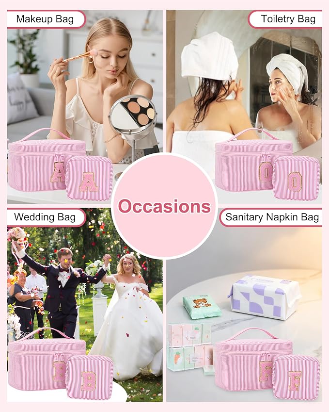 MONSTINA Personalized Initial Makeup Bag| Toiletry Bag for Girls&Women,Make Up Case for Girlfriend Bridesmaid Wife,Birthday Gift for Her Cute,2PCS,Pink C