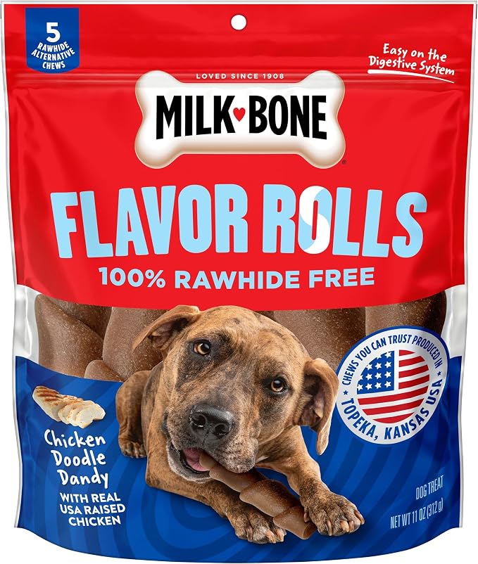 Milk-Bone Flavor Rolls Dog Chews, Chicken Doodle Dandy, 5 Count | 11-oz. bag, Rawhide-free dog chews, Made with real chicken