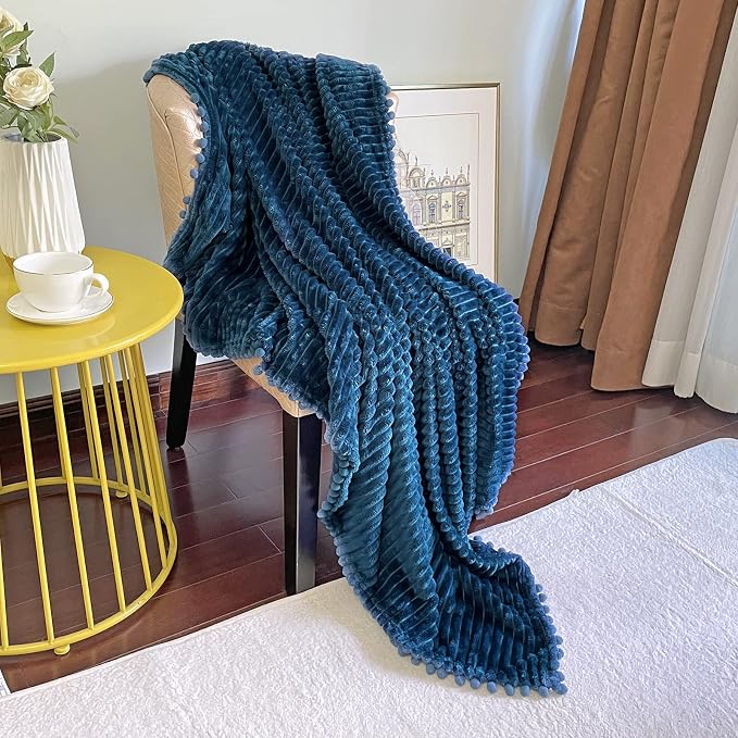 DISSA Fleece Blanket Twin Size – 60x80, Blue - Soft, Plush, Fluffy, Fuzzy, Warm, Cozy – Perfect Throw for Couch, Bed, Sofa - with Pompom Fringe - Flannel Blanket