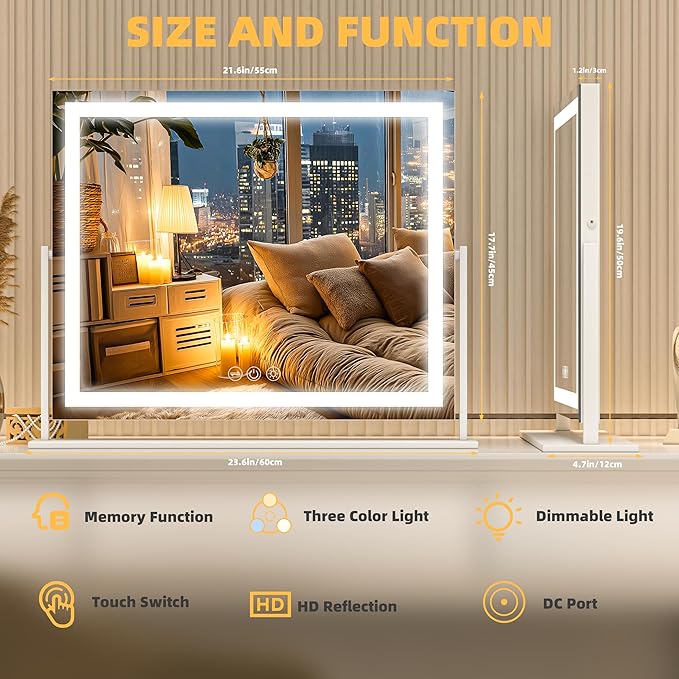 Vanity Mirror with Lights, 24'' x 20'' Lighted Makeup Mirror, Touch Screen with 3-Color Lighting, Dimmable for Vanity Desk Tabletop Square White