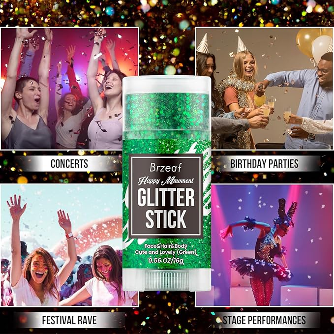 Brzeaf Waterproof Green Body Glitter Stick, Christmas Chunky Glitter for Face/Body/Hair/Eyes/Lip, Singer Concert Music Rave Festival, Glitter Stick Makeup & Face Glitter Gel for Women Men 0.56 OZ