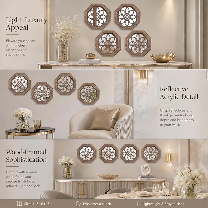 4 Pack 12 Inch Octagon Maroon Rustic Wood Frame Acrylic Wall Mirrors, Farmhouse Boho Wall Art Decor for Living Room, Bedroom, Hallway, Entryway, Bathroom & Office