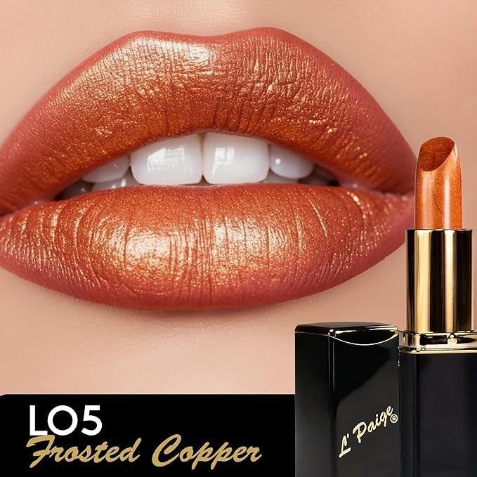 L'Paige Designer Lipstick - Metallic Frosted Copper Finish, Rich Orange-Brown Shade, w/ Aloe Vera Infused, Long-Lasting & Moisturizing, Smooth & Comfortable Application for All-Day Wear, Shade L05