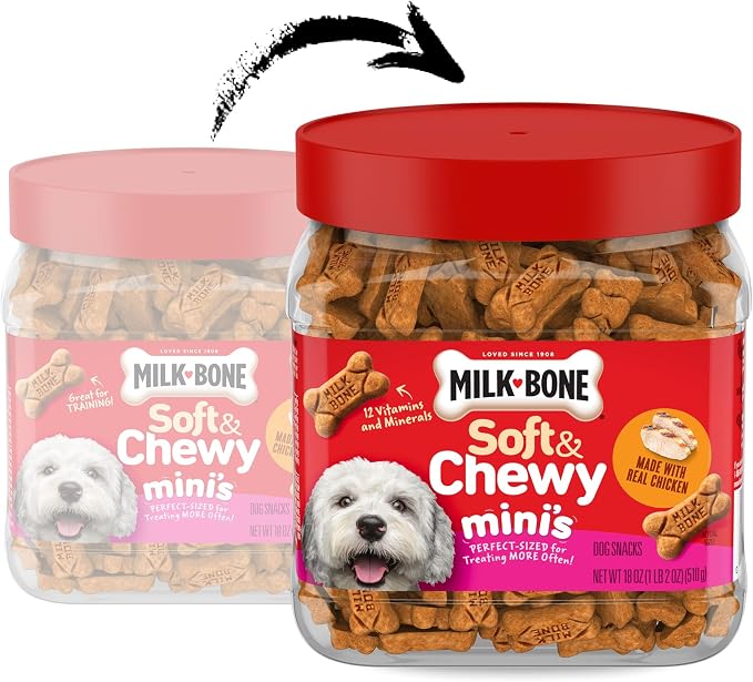 Milk-Bone Soft & Chewy Mini's Dog Training Treats, 18 oz Canister | Made with real chicken breast, small dog treats for training and rewarding, 18% protein, fortified with vitamins and minerals