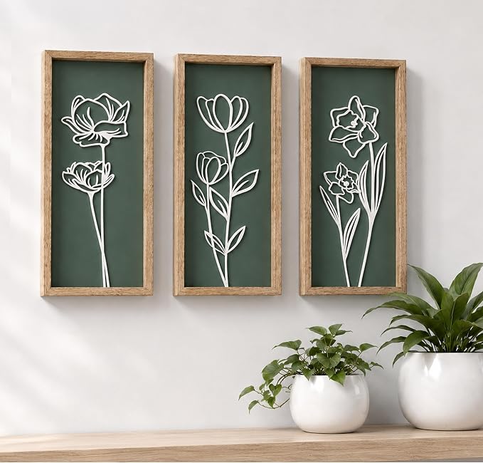 Tide and Tales 3d Green Wall Art, Wooden Botanical Wall Decor, Set of 3 | 7" x 16", Lightweight, Framed Ready-to-Hang, Bathroom Wall Decor, Bedroom, Living Room, Office, Farmhouse, Gift-Boxed
