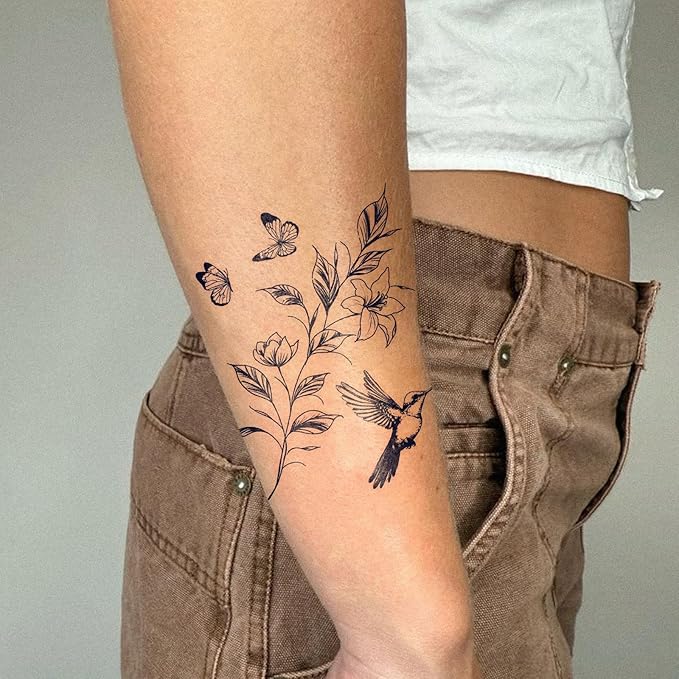 2 Sheets Long Lasting Hummingbird Temporary Fake Tattoos For Men Women Adults Arm,Lily Leaves Semi Permanent Tattoo For Adults Girl,Realistic, Waterproof and Non-Reflective