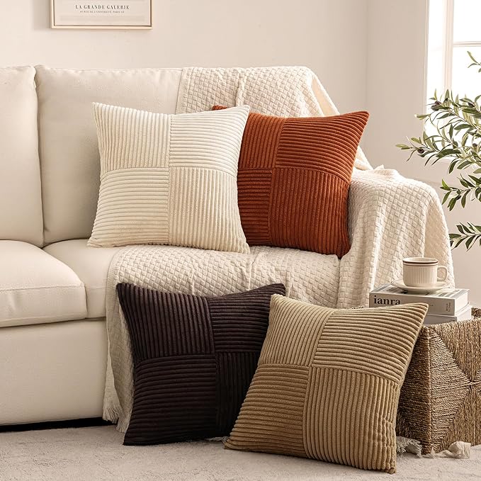 MIULEE Brown Beige Throw Pillow Covers 18x18 Inch Set of 4 Boho Farmhouse Cushion Cases for Livingroom Couch Bed Soft Corduroy Pillow Cases with Invisible Zipper Home Decor