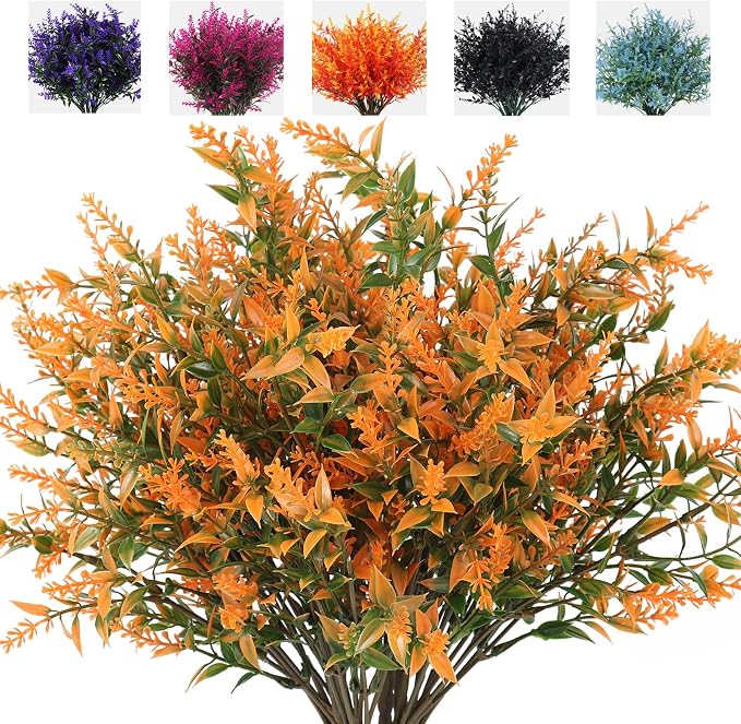 RECUTMS Artificial Fall Flowers for Outdoors,Fall Decoration Fake Greenery | 8Pcs,Autumn Flower Plastic Bushes Faux Floral for Outdoor Planter UV Resistant Fake Plants for Outside Pot Thanksgiving Decor