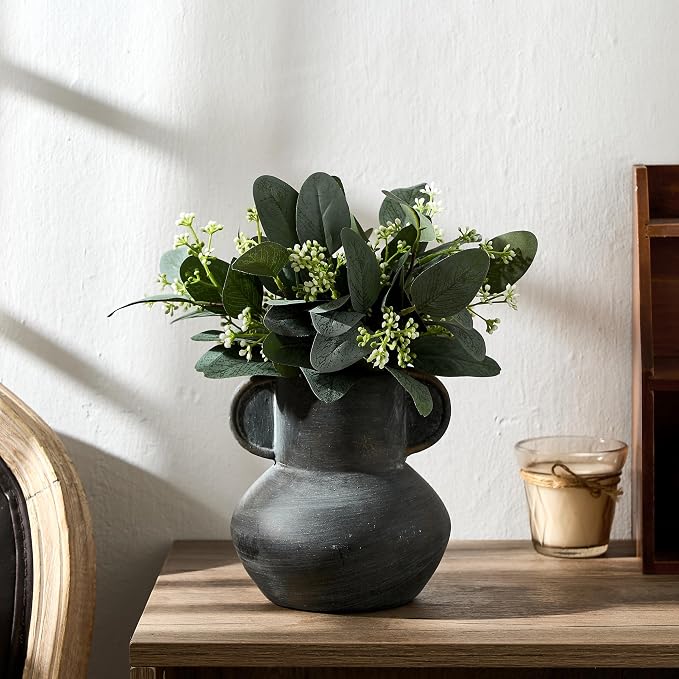 Emotionally Grounded Vase, Vaseking Ceramic Rustic Vase with 2 Handles, 6.1 inch Minimalist Decorative Farmhouse Vases for Home Decor, Living Room, Enterway, Table Decoration, Black Bronze