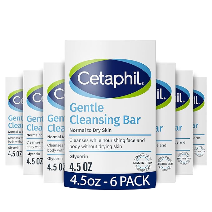 Cetaphil Gentle Cleansing Bar, 4.5 oz Bar (Pack of 6), Nourishing Cleanser Bar For Dry, Sensitive Skin, Non-Comedogenic, (Packaging May Vary)