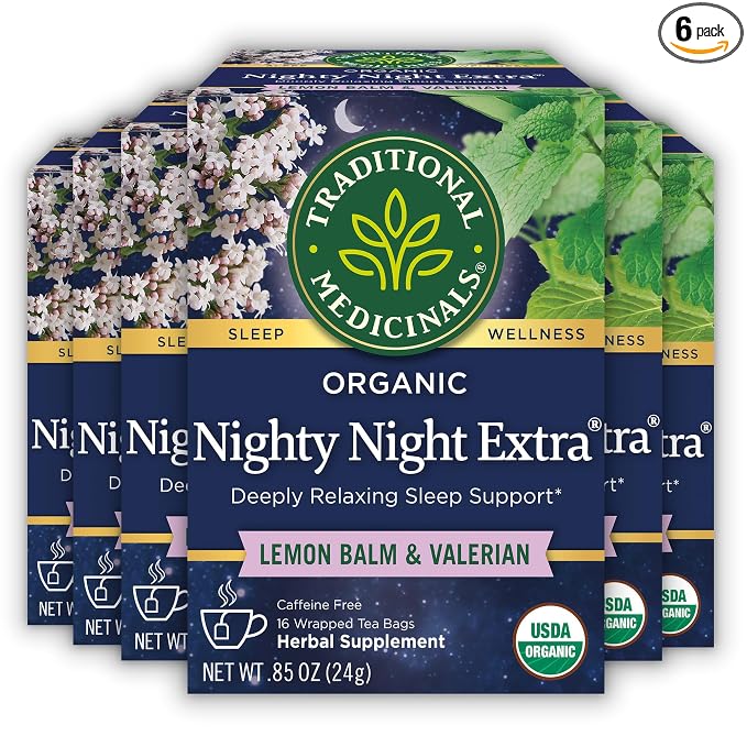 Traditional Medicinals Organic, Nighty Night Extra, Valerian Root & Lemon Balm - Herbal Sleep Aid Tea - Kosher, Non-GMO, Caffeine-Free, Compostable - 96 Tea Bags (6 Packs of 16)