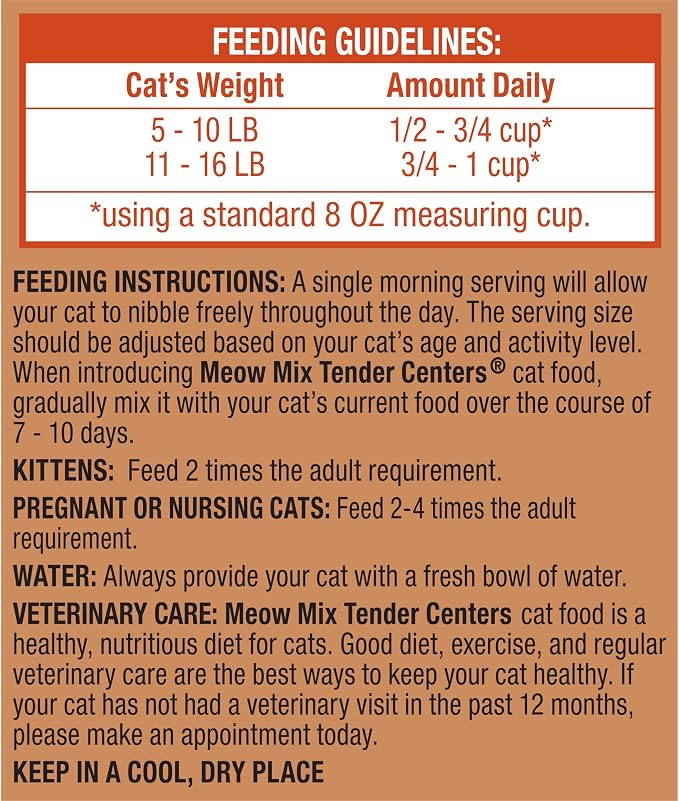 Meow Mix Tender Centers, Dry Cat Food, Salmon & Turkey Flavors, 4 Bags | 3-lb bags, two texture kibble with vitality bursts, meaty center surrounded by a crunchy outer layer