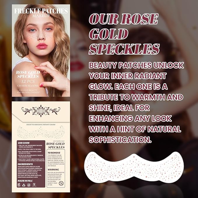 ROSE GOLD Glitter Freckles Makeup Patches, 12PCS Speckles Face Tattoos Sticker Set, Temporary Face Sparkle Sticker Makeup Accessories for Women Girl, Lasting & Waterproof