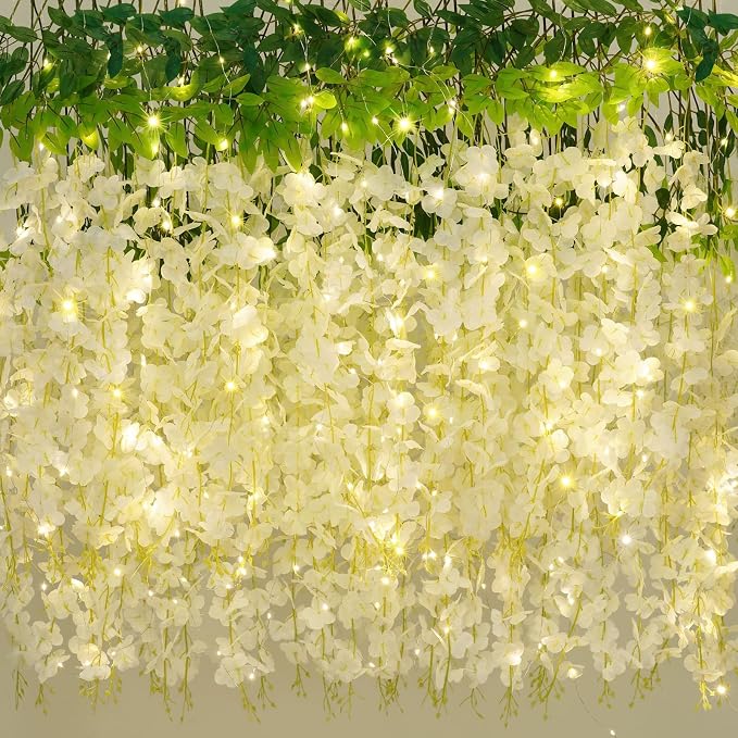 60 Pack White Wisteria Hanging Flowers, Fake Hanging Flowers for Decoration, Artificial Hanging Flowers, Vines for Bedroom, Flower Garland for Home, Party, Garden, Wall, Wedding Decoration(3.6 Ft/Pcs)