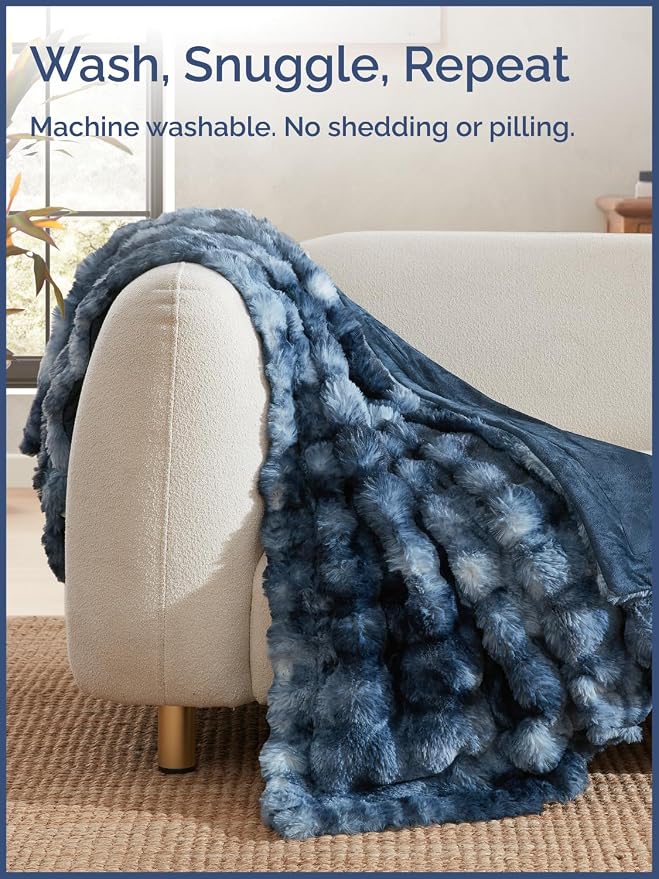 3D Fleece Bubble Blanket Throw - Rabbit Blanket - 50" x 60", Marble Blue | Soft Fluffy Faux Fur Blanket for Couch Sofa & Chair, Cozy Gifts for Women, Tie Dye Cloud Throw Bed Cover, Thick Plush Bedding