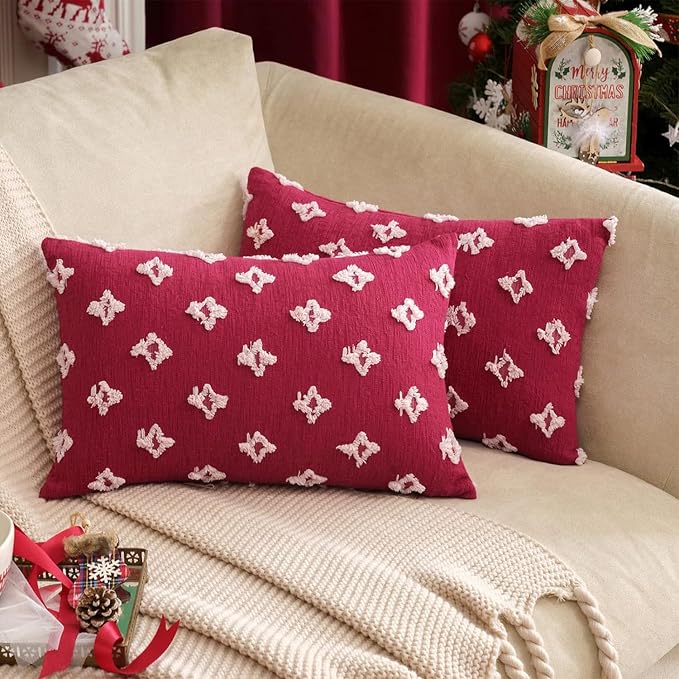 Pack of 2 Flower Tufted Throw Pillows Embroidered Flowers 3 Size and Color Options Come with Inserts (Red, 12"x20" with Insert)