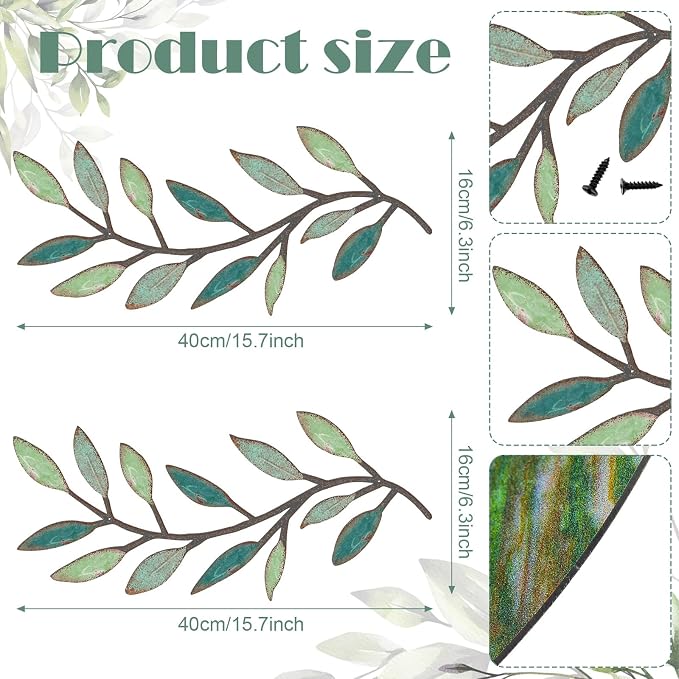 Zhengmy 2 Pcs Metal Leaf Wall Art Vine Branch Decor,Gradient Green | Olive Branch Metal Decor for Living Room Hallway, Symmetrical Leaf Pair for Doorway Entryway, Lightweight Hanging Art Design