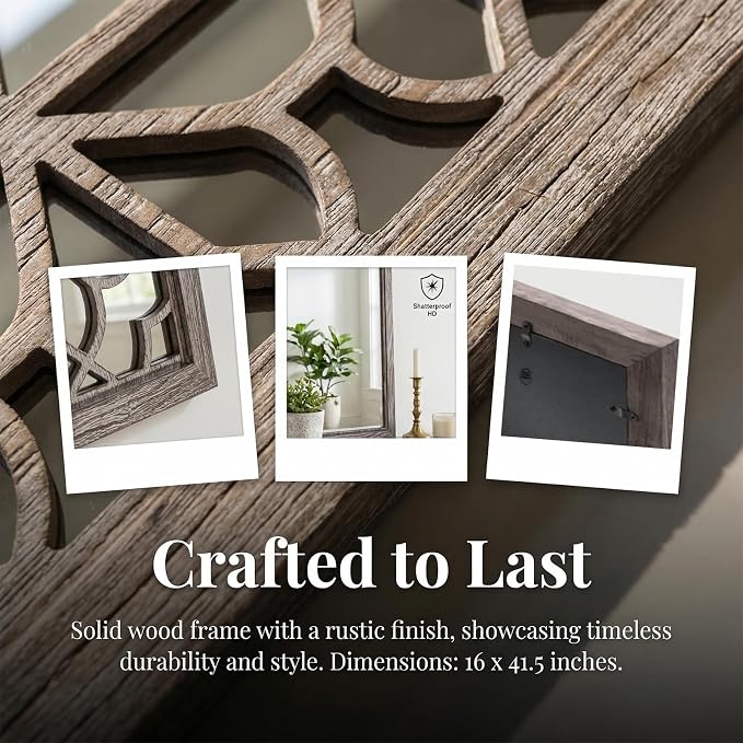 Set of 2 16x41.5 Inch Large Carved Floral Wood Frame Wall Mirrors, Shatterproof Boho Farmhouse Rustic Accent Mirrors for Living Room, Bedroom, Bathroom, Entryway & Home Wall Decor （Brown）