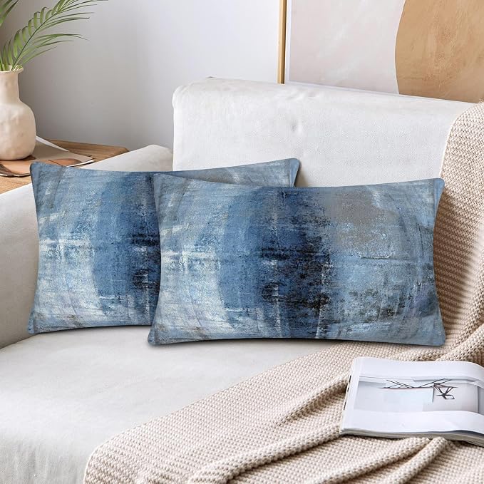 Blue and Grey Abstract Art Artwork Pillow Cover, Gallery Modern Decorative Throw Pillows Cushion Cover for Bedroom Sofa Living Room 12 x 20 Inch Set of 2