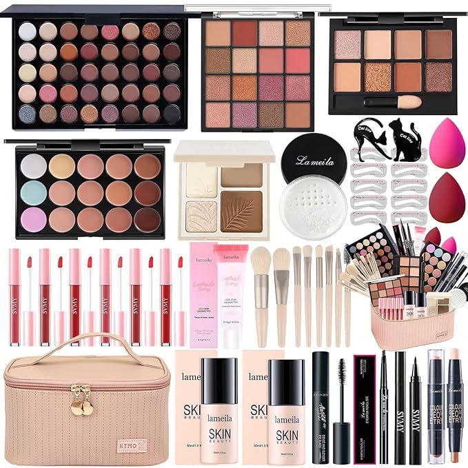 All in One Makeup Kit for Women Full Kit, Makeup Gift Sets for Women Teens Girls, Makeup Essential Bundle Includes Eyeshadow Palette Foundation Eyeliner Contour Stick Lip Gloss Cosmetic Brush Set