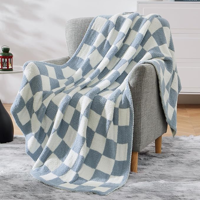 Soft Checkered Throw Blanket for Couch-Cozy Warm Knitted Blankets | Lightweight Warm Fluffy Decor for Women, Mom, Her & Girls, Sofa, Chair, Bed, 50x60in,Grey Blue