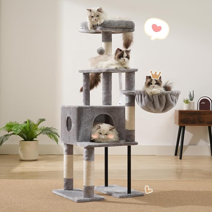 Heybly Cat Tree with Toy, 49.2 inch Cat Tower for Indoor Cats HCT200SW-1 | Spacious Cat House Condo with Hidden Space，Soft Plush Top Perch，Cozy Hammock and Sisal Scratching Posts, Light Gray
