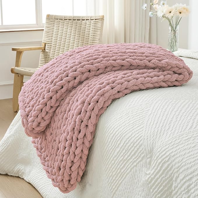 Bigacogo Chunky Knit Throw Blanket for Couch, 40x60 inches, Dusty Pink | Hand Knit with Jumbo Chenille, Soft Breathable Cable Knit for Sofa Bed Living Room, Machine Washable, Gift for Mom Friend