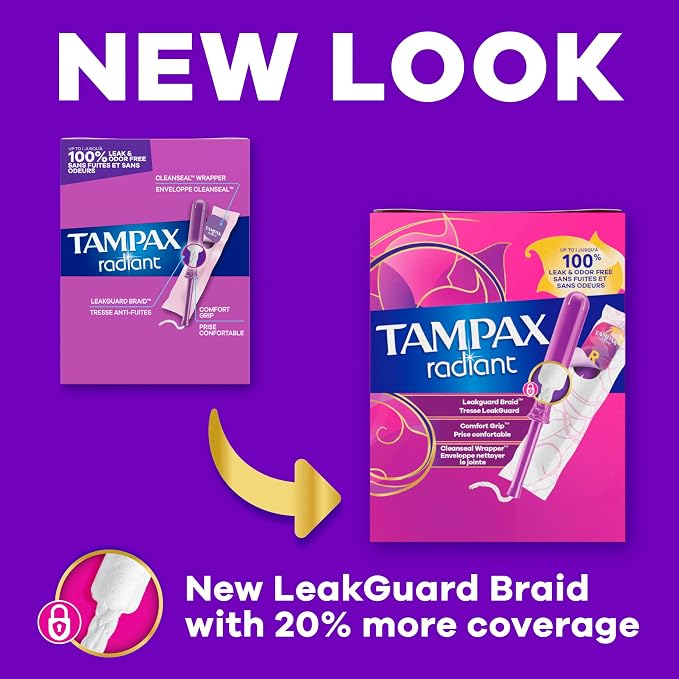 Tampax Radiant Tampons, Super Absorbency, with Leakguard Braid, Unscented, 28 Count