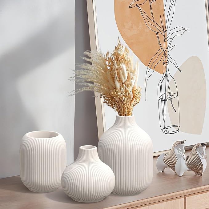 White Small Ceramic Vases Set of 3, Matte Vertical Ribbed, Minimalist for Pampas Dried & Fresh Flowers, Centerpiece for Living Room, Shelf, Entryway,Wedding,Office