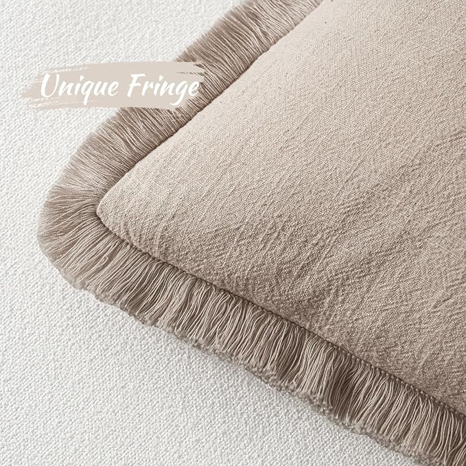 MIULEE Natural Linen Fringe Decorative Lumbar Throw Pillow Covers 12x20 | Set of 2, Cottagecore Decor, Boho Farmhouse Neutral Pillow Covers, Rustic Couch Cushion Cases for Sofa Bed Living Room
