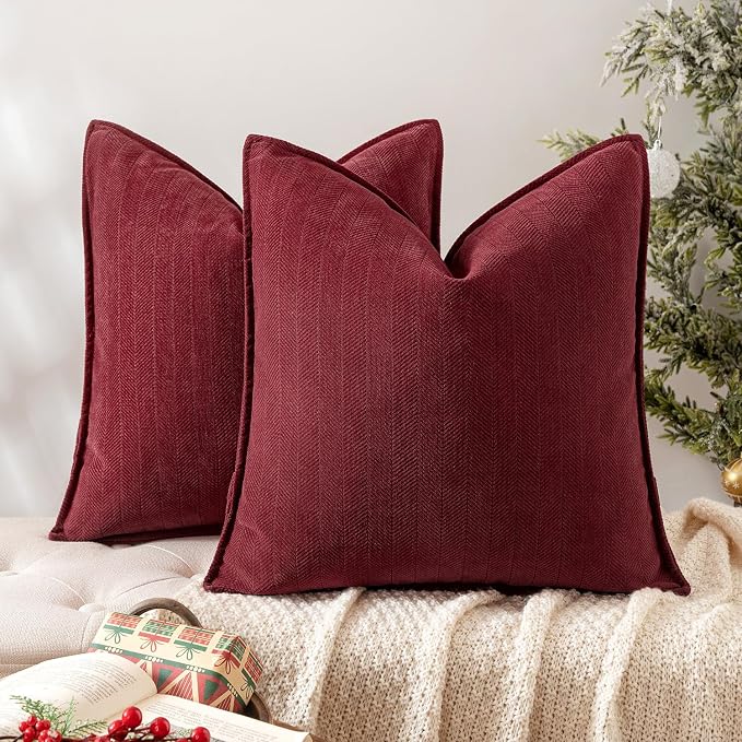 MIULEE Pack of 2 Burgundy Decorative Chenille Pillow Covers 18x18 Inch | Soft Couch Throw Pillows,Farmhouse Cushion Covers with Elegant Design for Sofa,Bedroom,Living Room,Spring Home Decor