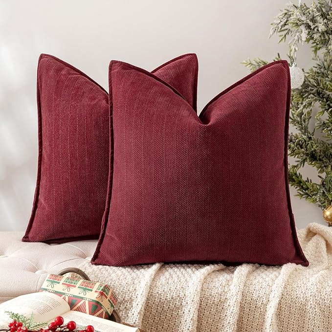MIULEE Pack of 2 Burgundy Decorative Chenille Pillow Covers 20x20 Inch | Soft Couch Throw Pillows,Farmhouse Cushion Covers with Elegant Design for Sofa,Bedroom,Living Room,Spring Home Decor