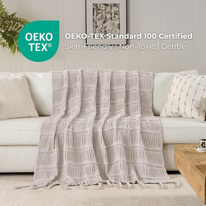 Boho Knitted Chenille Blanket with Tassels - Lightweight & Soft All-Season Throw - 3D Classic Pattern for Living Room Bedroom Couch, Ivory White, Throw 50"x60"