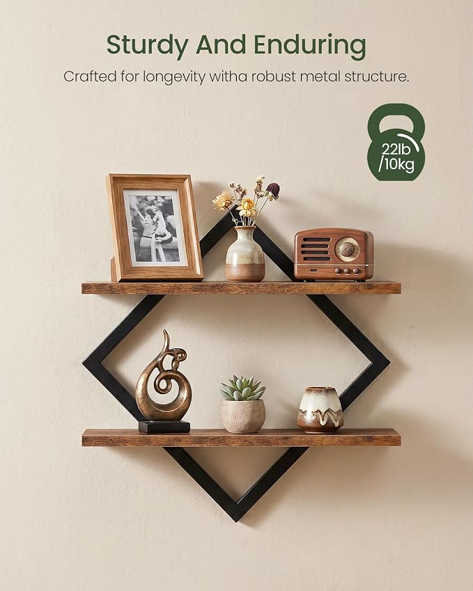 Floating Shelves, Set of 2 Wall Shelves, 2-Tier Hanging Shelves, Wall Shelf Set of 2, Wall Mounted Shelves, for Living Room, Bedroom, Kitchen, Office, Study, Rustic Brown TBJ01P2BF