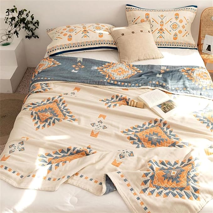 MSGKV Summer Cotton Muslin Boho Throw Blanket 60"x80" for Couch Bed | Cotton Muslin Throw, Soft Quilted Blanket, Boho Style, Couch Bed Chair Use, All Season Comfort, Gift Ready, Machine Washable