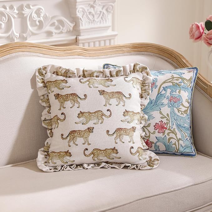 patdrea Designer Vintage Linen Throw Pillow Cover,18"x18",Set of 2-Fromm C | Elegant Decorative Pillow Case with Zipper,Ruffle Leopard Pattern,Pillow Cover for Couch Living Room Bedroom Sofa