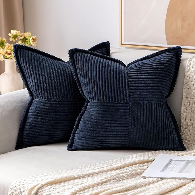 MIULEE Decorative Throw Pillow Covers for Couch 12x12 Inch Navy Blue 2 Pack | Boho Broadside Striped Patchwork Pillow Covers, Soft Corduroy Cushion Cases, For Sofa Bed Livingroom Home Decor