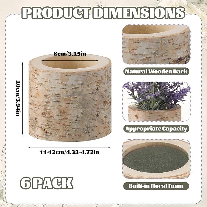 6 Pack Birch Bark Wooden Vase Set with Foam for Wedding Decor | Rustic Flower Planters, Table Centerpieces and Farmhouse Home Decor, Garden Arrangements, Natural Wood Texture Pots