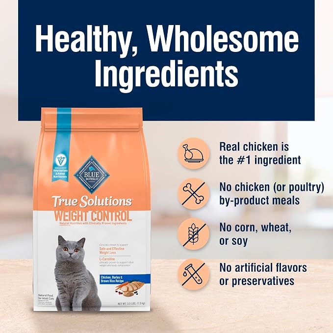 Blue Buffalo True Solutions Weight Control Chicken Dry Cat Food, 3.5 lb | Adult Formula, L-Carnitine & Enriched Fiber, Veterinarian Formulated