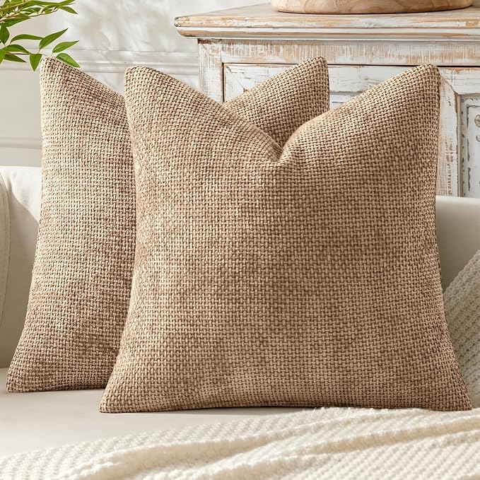 MIULEE Decorative Couch Throw Pillow Covers 18x18 Inch Khaki Camel 2 Pack | Modern Boho Accent, Soft Chenille Pillow Covers, Farmhouse Cushion Cases for Home Decor Bed Sofa Living Room
