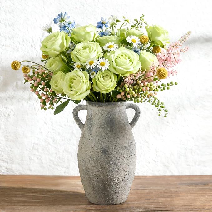 Ceramic Rustic Vase with Handle, 11.3 Inch Tall Farmhouse Vase | Vintage Terracotta Vase with 2 Handles Adds Rustic Charm to Living Room, Entryway, Table Centerpieces and Home Decor